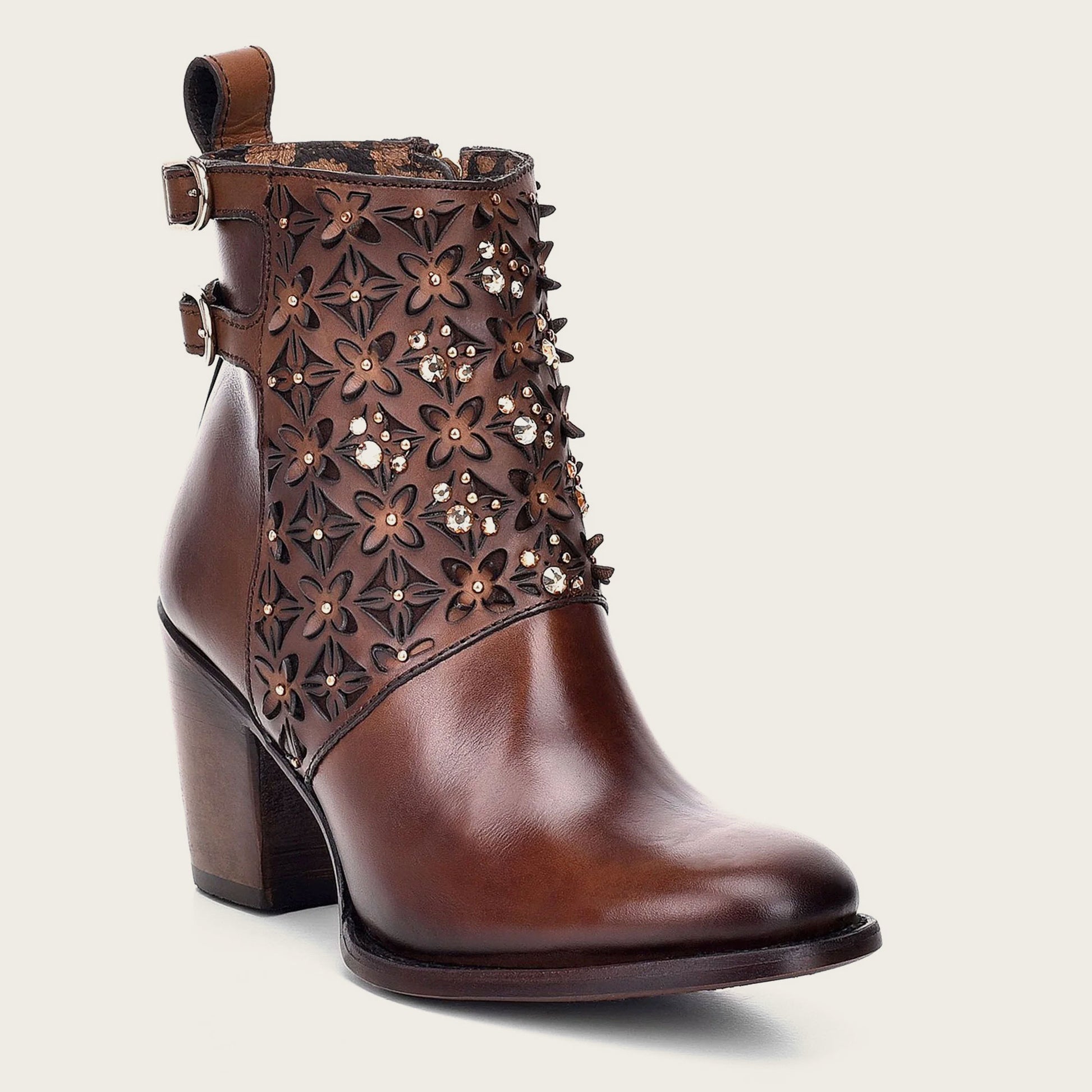 Perforated brown leather bootie with Austrian crystals - 3W02RS - Cuadra  Shop