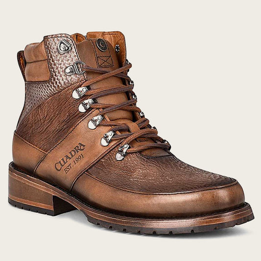 Men's Brown leather boots with engraved details - 1J2ERS - Cuadra Shop