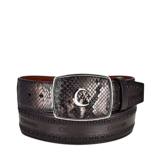 Engraved black ostrich leather western belt