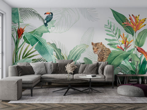 papier peint panoramique leopard et toucan