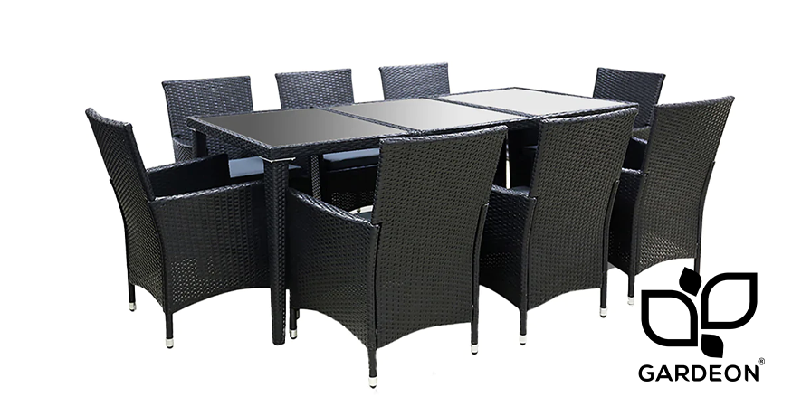 A Gardeon 8-seater black wicker outdoor dining table and chair set.