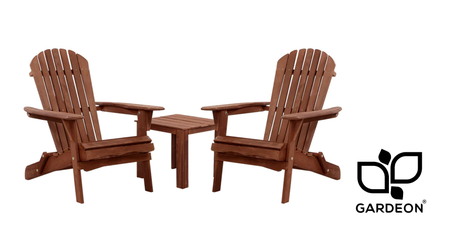 A Gardeon brown wood outdoor lounge set with matching table for two.