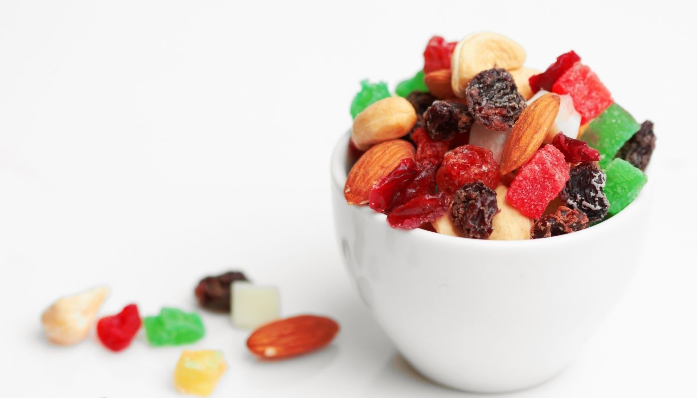Dried fruits such as raisins and prunes have low water content, making them a calorically dense food 
