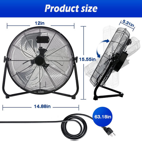 Powerful 12 inch High-Velocity Industrial Floor Fan With 3 Speeds