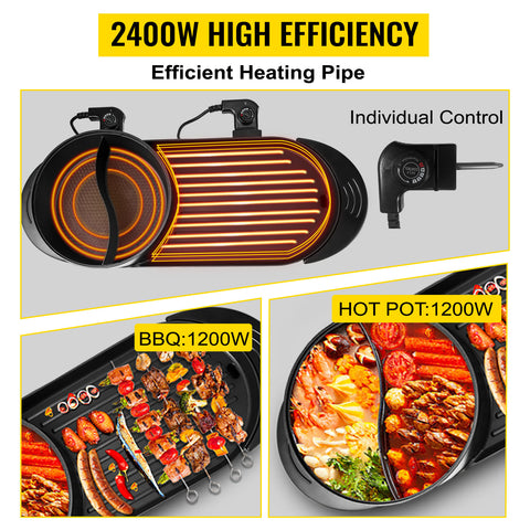 2 In 1 Non-Stick Electric Skillet 1200w Portable Home Indoor Hot