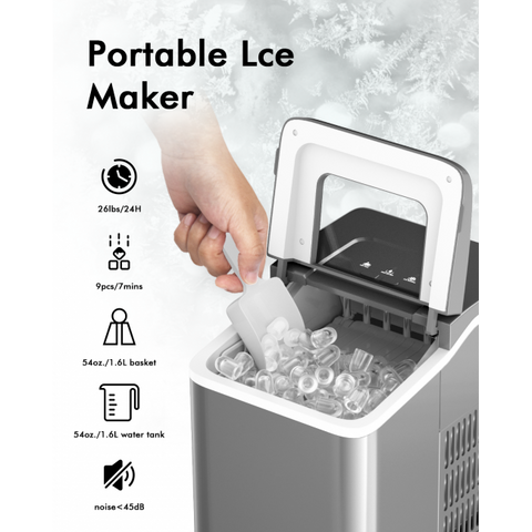 Auseo Portable Ice Maker Countertop, 9Pcs/8Mins, 26lbs/24H, Self