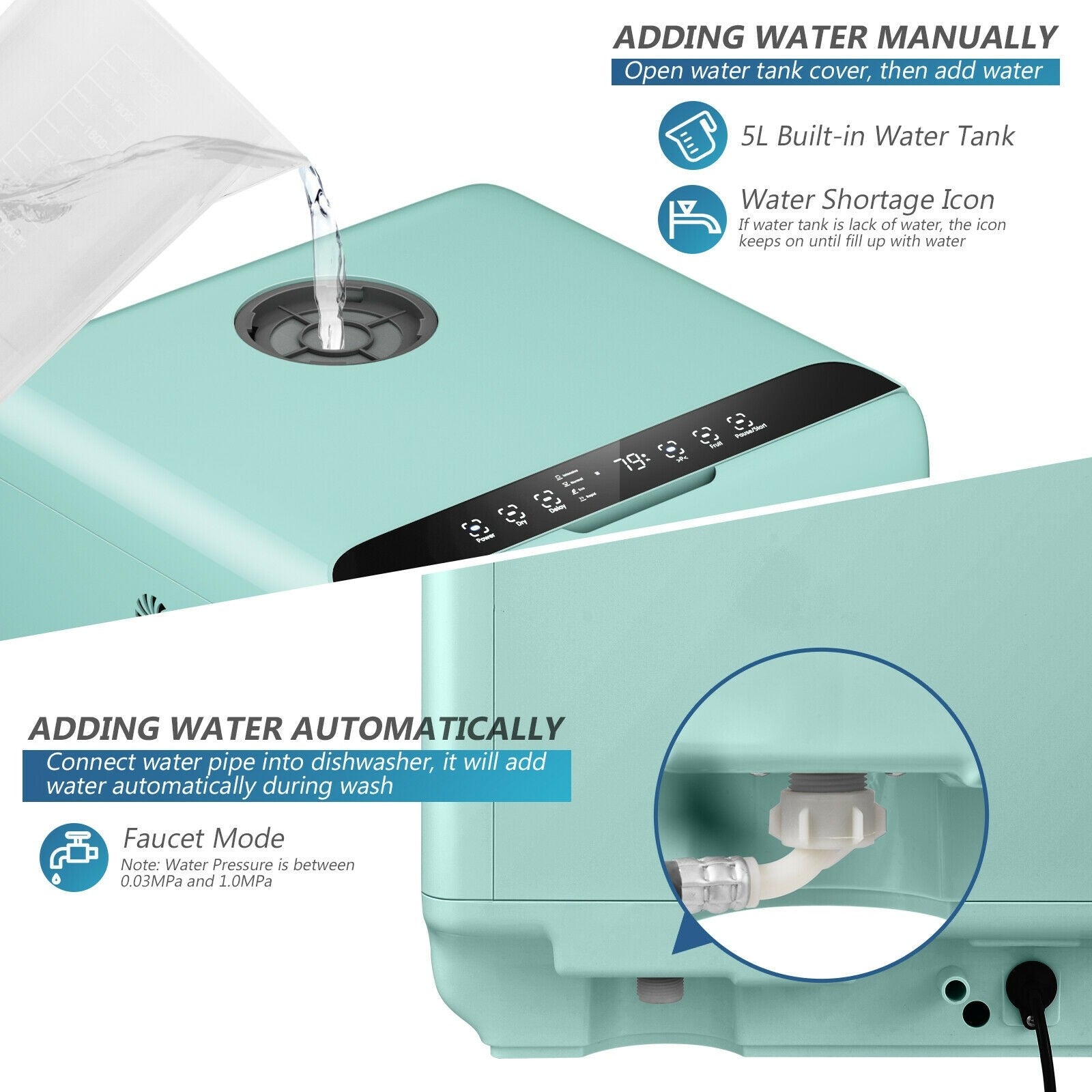 AooDen Portable Dishwasher, Countertop Dishwasher with 6L Built-in Water  Tank