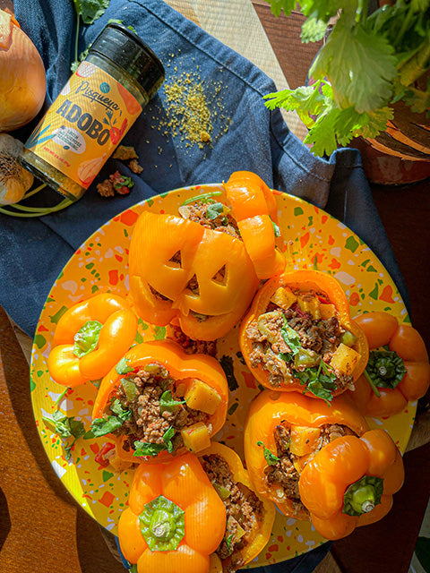 Picadillo Jack-O-Lantern Stuffed Peppers