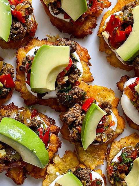 TOSTONES WITH GROUND BEEF & AVOCADO