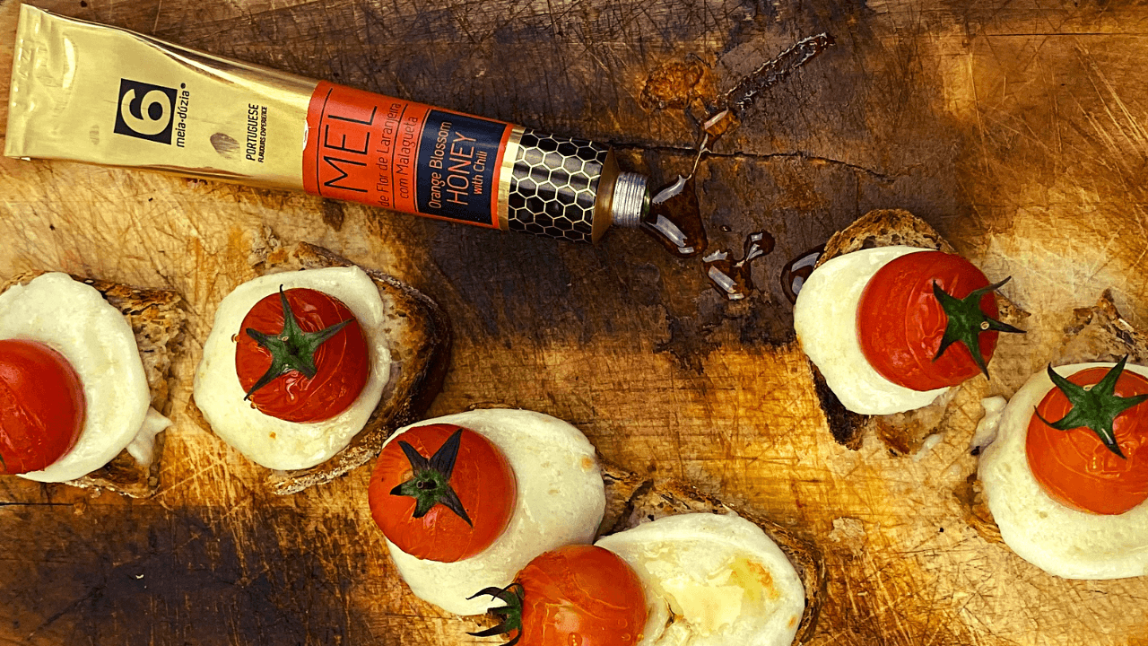 Mozzarella and tomato with orange blossom honey and chilli