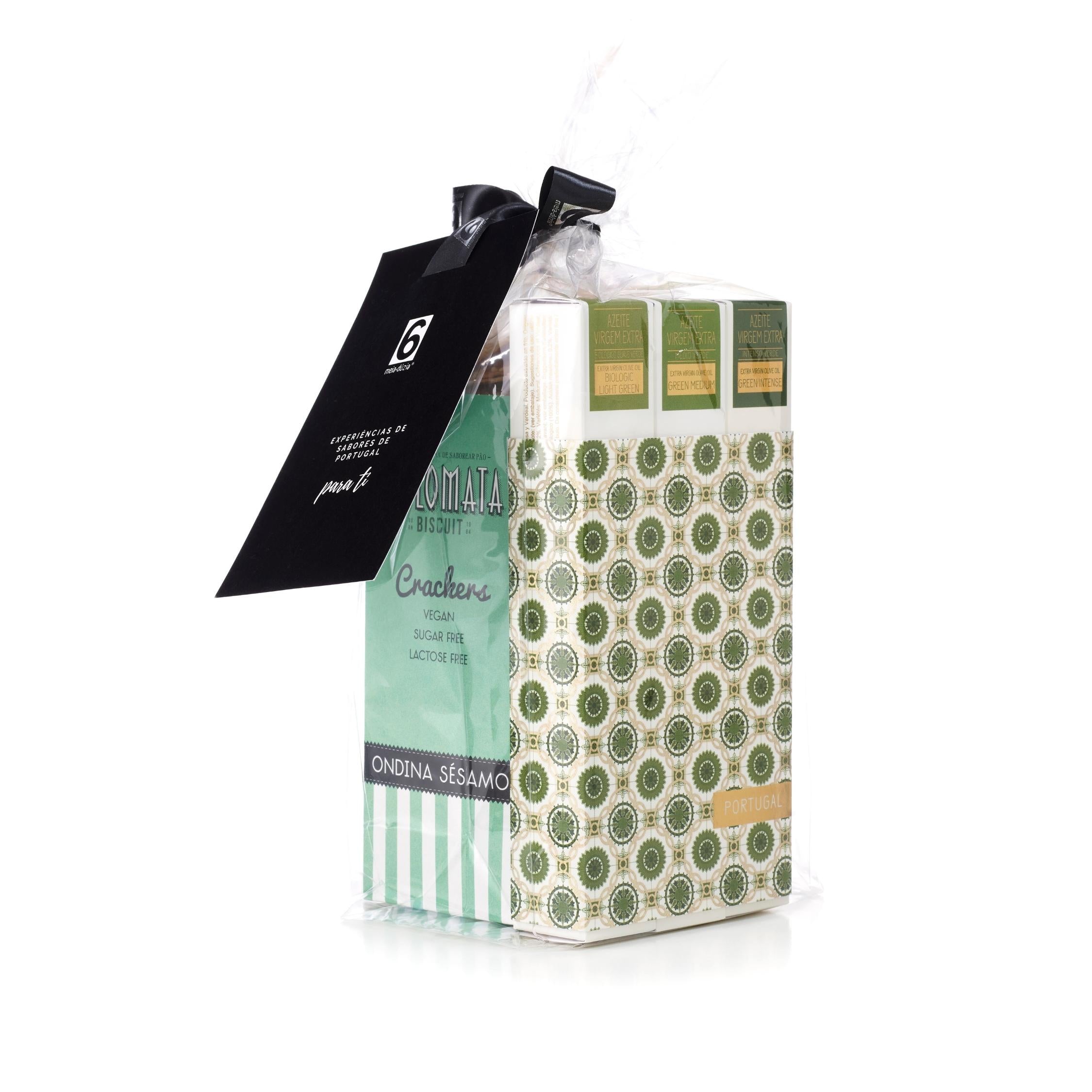 Melhor presente de Natal Vegan para empresas: Box Experiência: PACK 3 Azeites Verdes - Azulejos Portugueses + Crackers