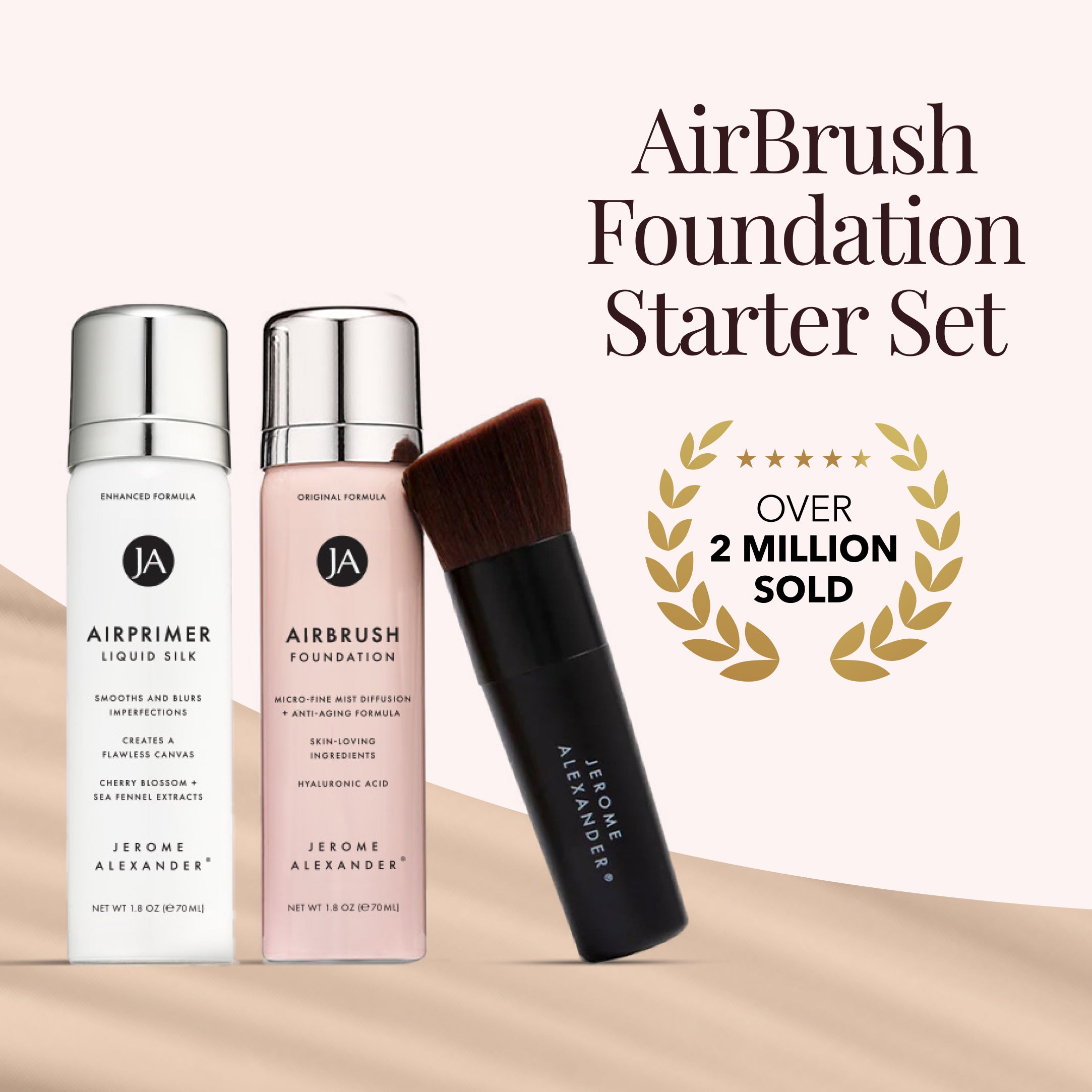 AirBrush Foundation Starter Set with primer and brush, highlighting over two million sold.