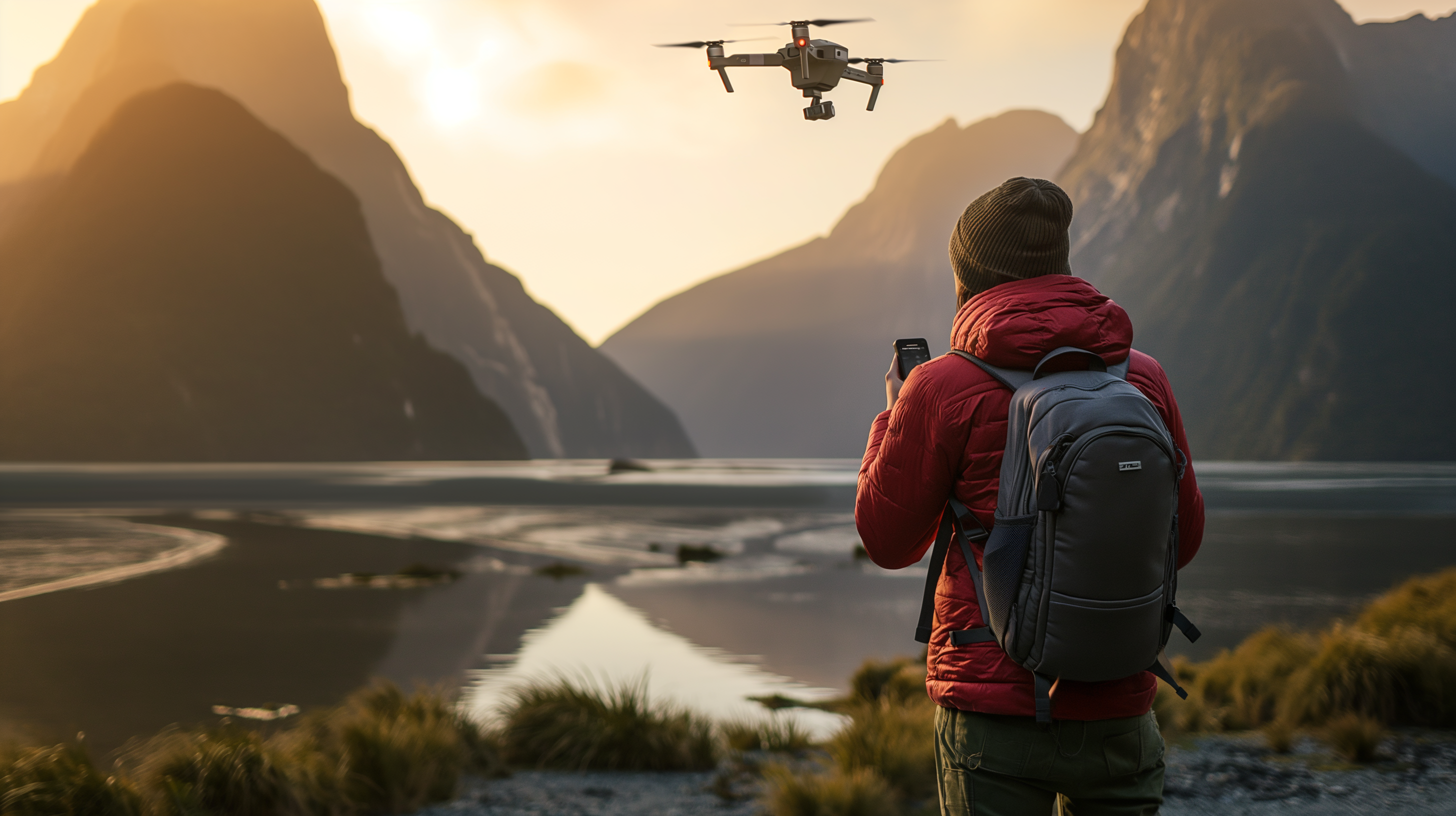 Adventurer flying a drone at dawn in Milford Sound, New Zealand during Waitangi Day weekend sale