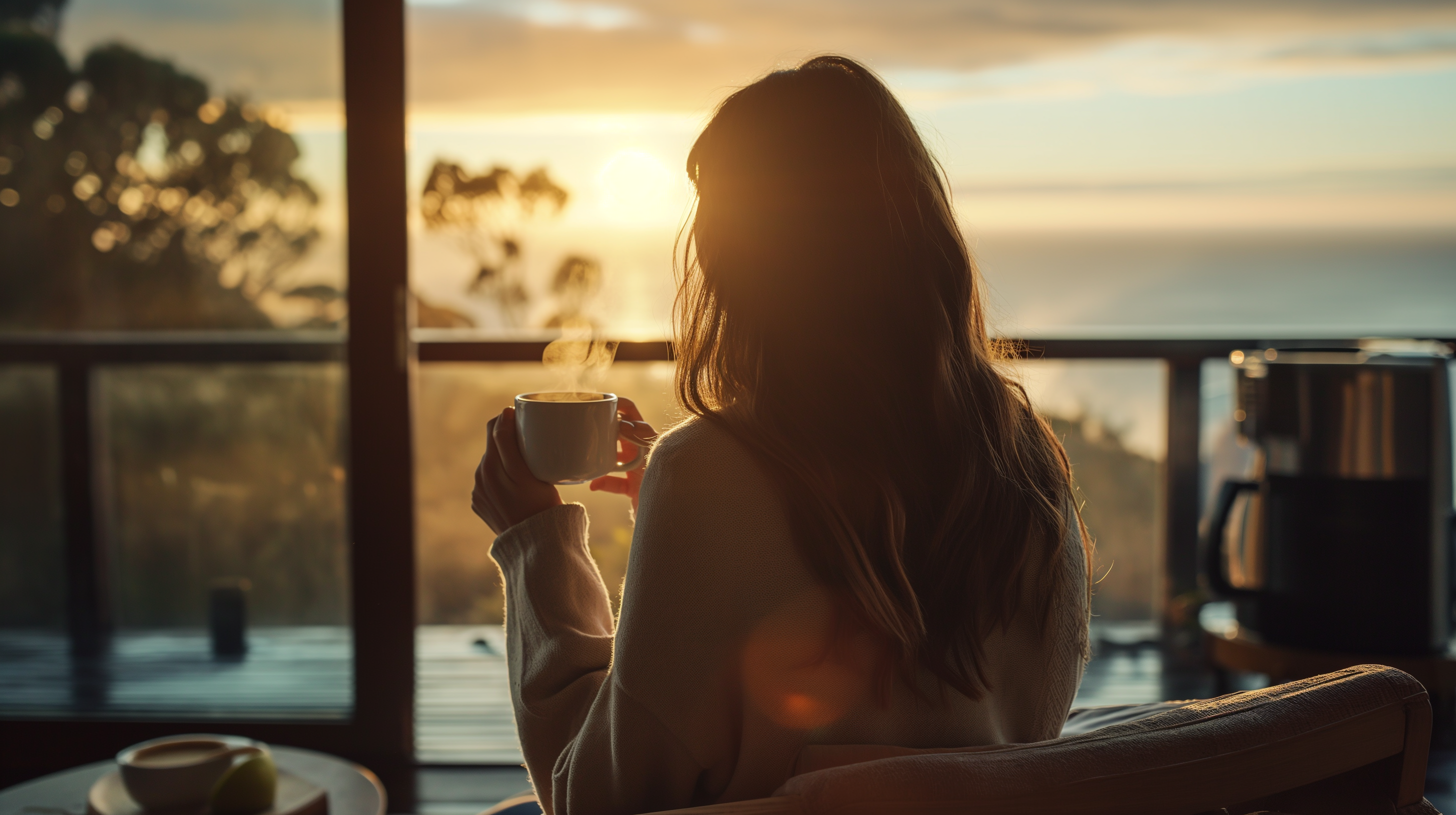Woman enjoying morning coffee on Waitangi weekend with a serene Tasman Sea view from a modern kitchen