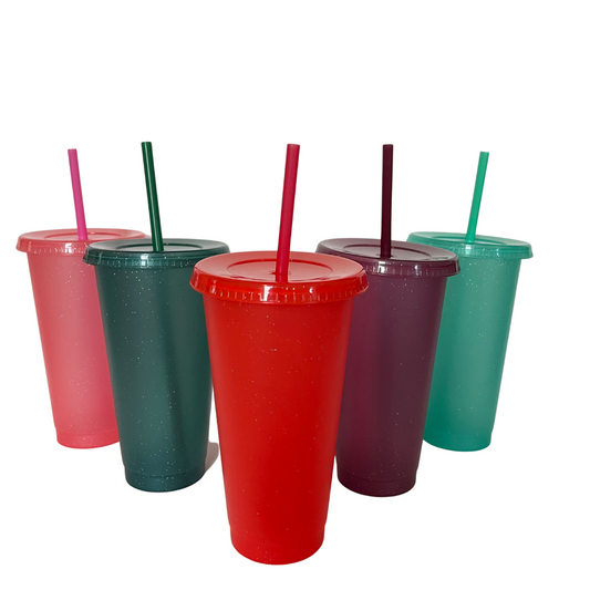 Red Glitter Plastic Reusable Cold Cup with Lid & Straw - 24 fl oz