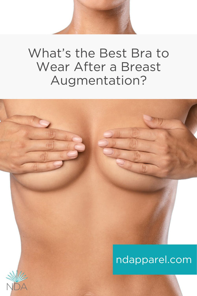 woman holding her hands over her breasts - best bra to wear after a breast augmentation pinterest image