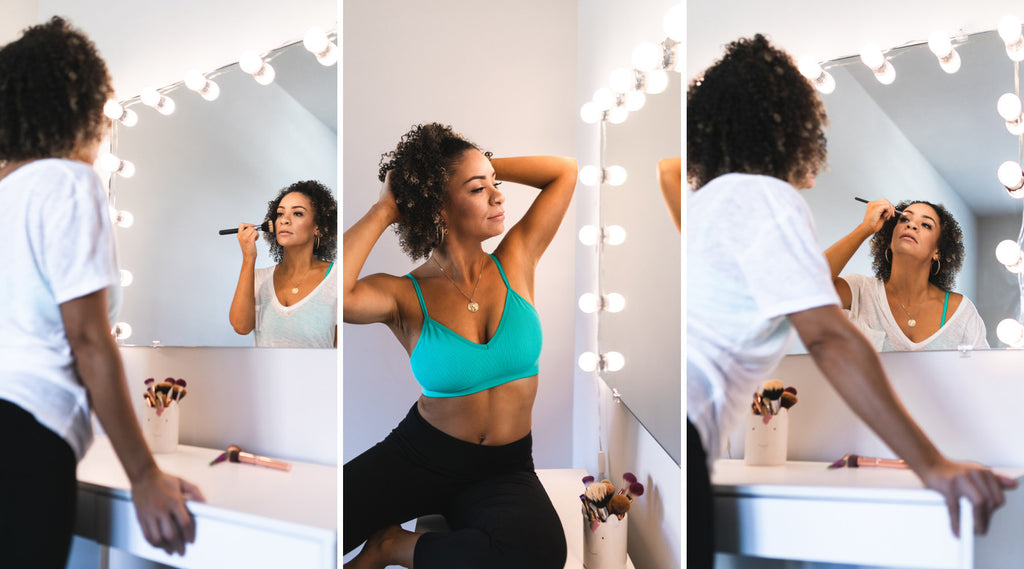 three images of girl putting makeup on and getting ready