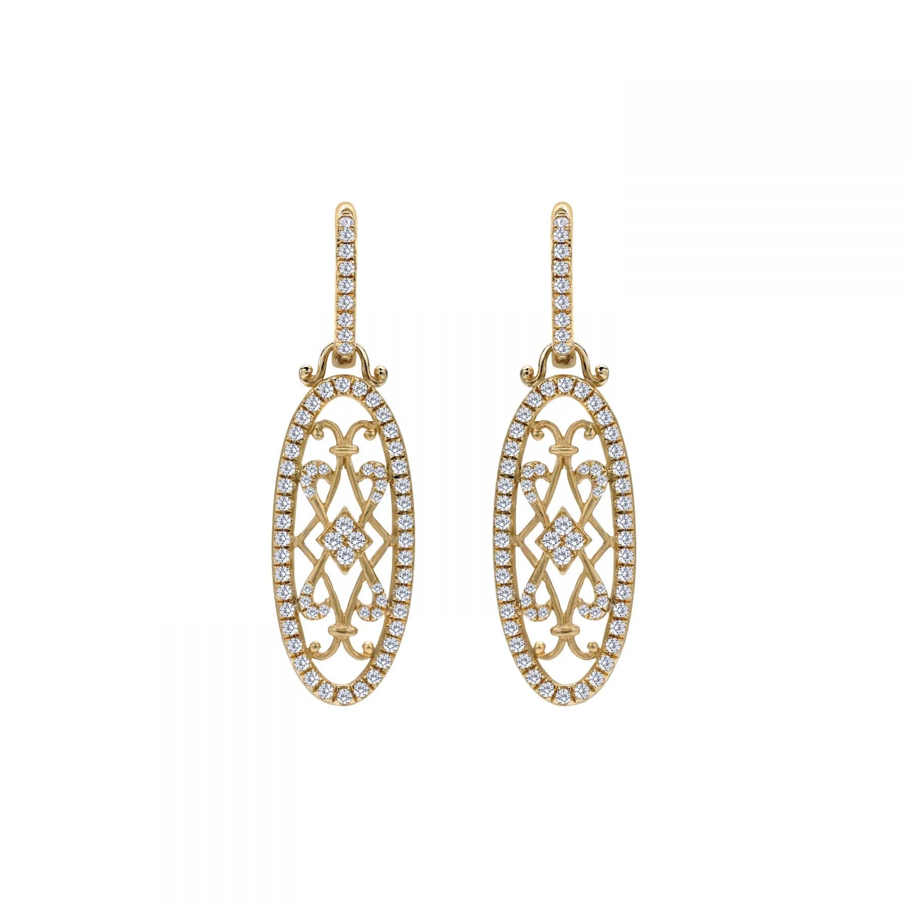 Yellow Gold and Diamond Oval Drop Earrings 