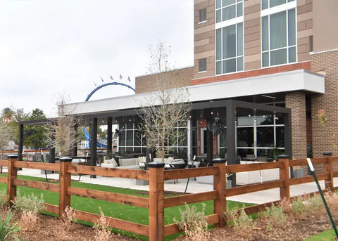 The patio at the Wellborn 2R Steakhouse offers fire pits and a great location for outdoor dining.