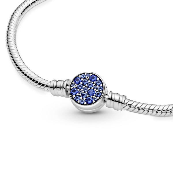 Pandora Moments Round Clasp Blue Braided Leather Bracelet, Sterling silver