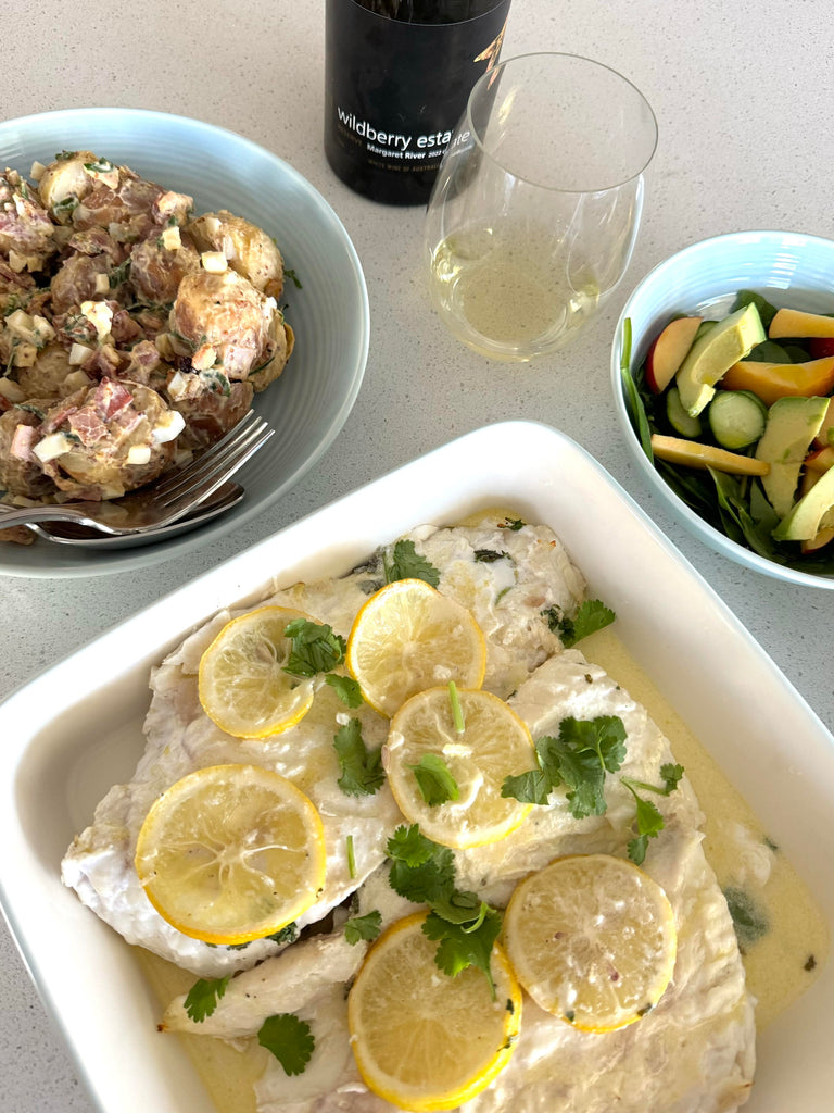 Dhufish recipe paired with Margaret River Chardonnay and potato salad