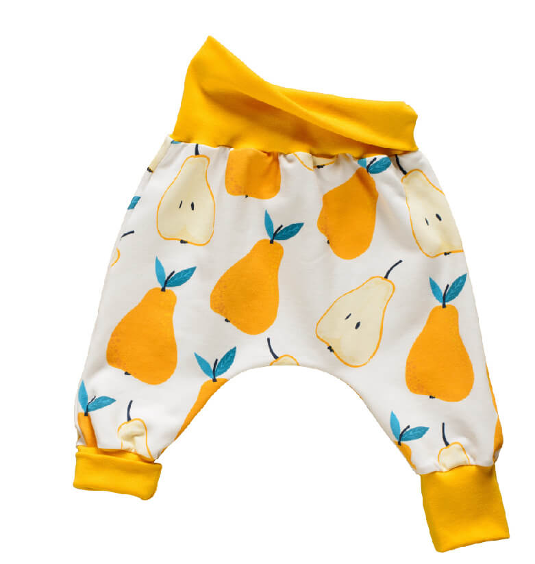 Organic cotton baby harem pants in pear print