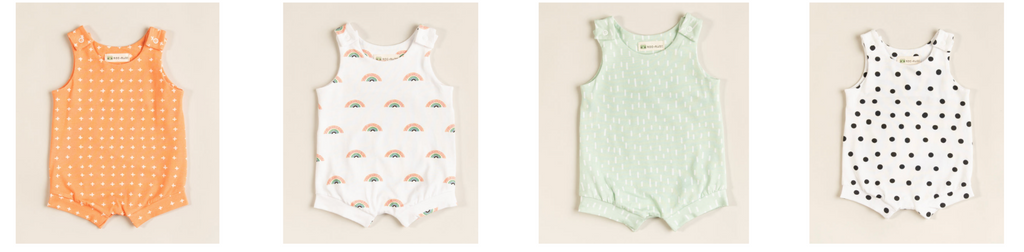 Roc + Rudi organic cotton summer baby rompers in pastel colours