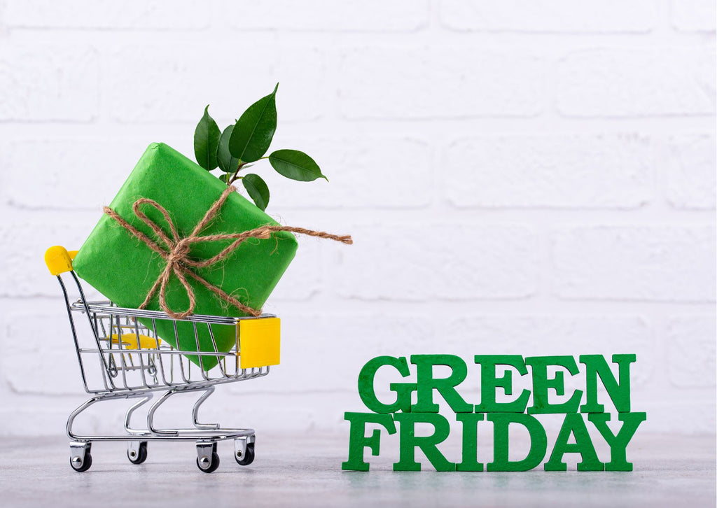shopping trolley with a green parcel and leaf in it, and the words Green Friday