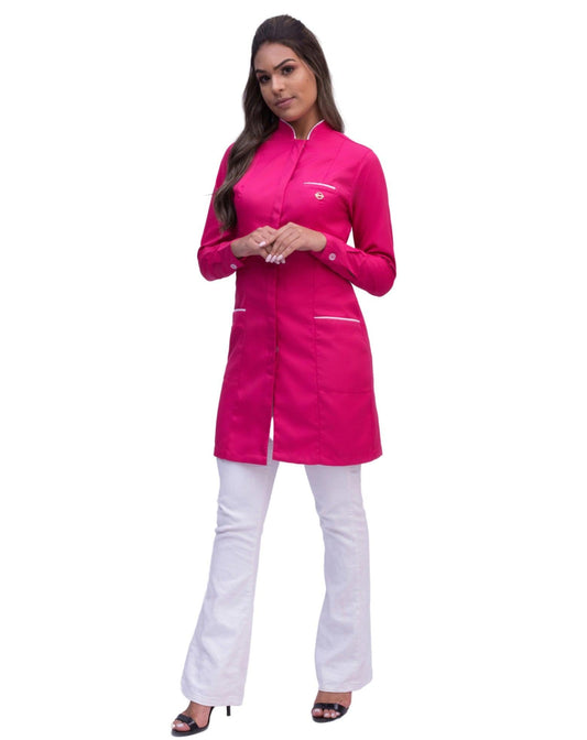 Jaleco Slim Premium Rosa Pink Com Viés Branco - jalecos-mania Bordado, Botões Cobertos, Feminino, Gabardine Premium, Gola Padre, Jalecos, Jalecos Mania, Manga Longa, Punho Camisa, Rosa Pink