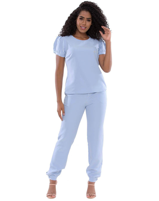 Scrub Antonella Azul Céu - jalecos-mania Algodão Com Elastano, Azul Claro, Bordado, Feminino, Jalecos Mania, Scrubs