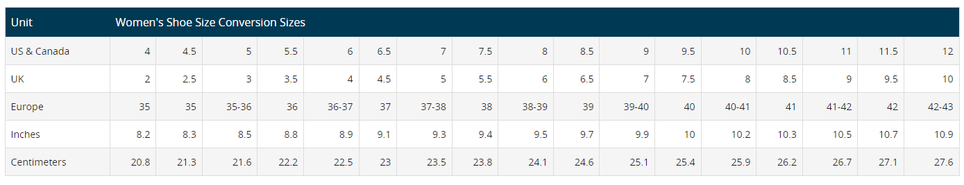 Womens Shoes Size Chart Halo Shoes