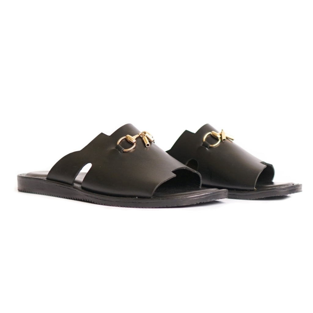 Black Color With Golden Steel Bunch Grain Leather Hand Stitched Chappals/Slipper For Men