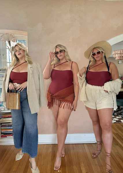 Burgundy one piece swimsuit worn 3 ways