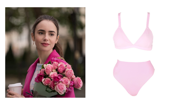 Emily Cooper, gespielt von Lily Collins, würde den zarten Farbton dieses rosa Bikini-Sets, bestehend aus dem Triangel-Bikinioberteil Hedy und der hoch sitzenden Bikinihose Annie, absolut lieben