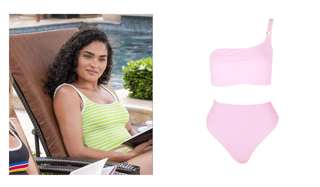 Brittany O'Grady's character, Paula, would rock our Annie set in powder pink. Versatile one shoulder bikini top that can be matched with jean shorts for an effortless stylish effect