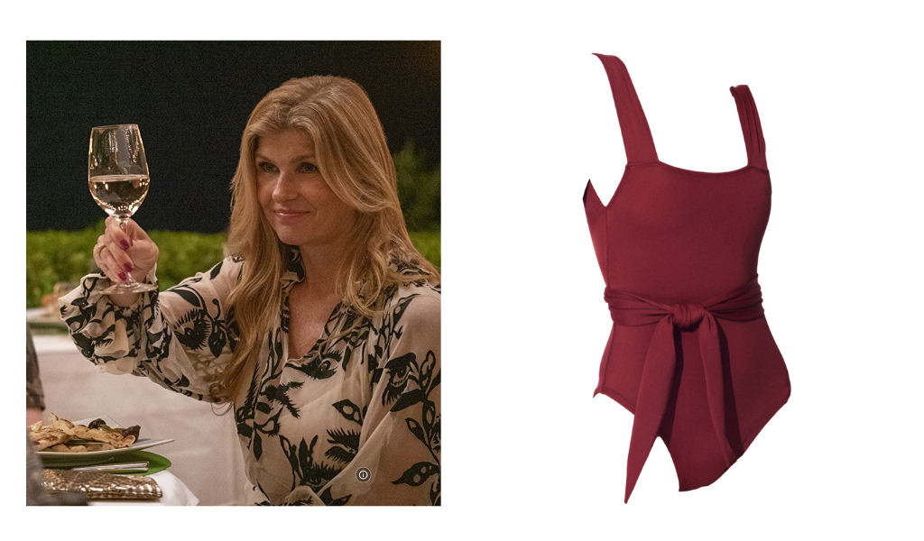 We envision Nicole- Connie Britton's character in the hit series- wearing the classic swimsuit Chikyu- a belted one piece with a classic square neck silhouette. Perfect for matching with flowy palazzo pants