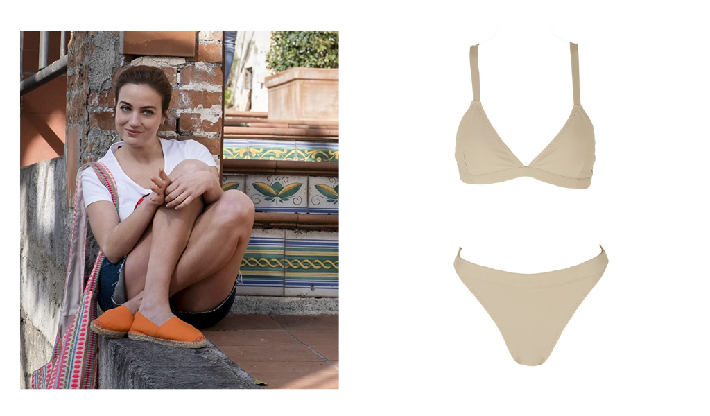Mia- played by Beatrice Granno, would stun in the classic Hedy bikini- a two piece swimsuit in a suble, sandy shade with a high cut bottoms which will give you legs for days