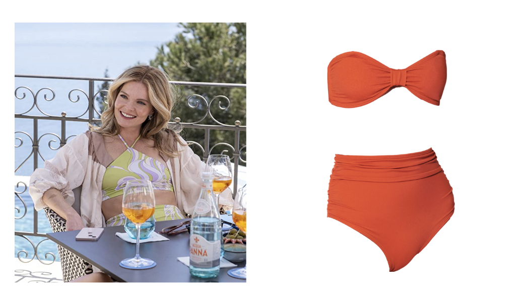 Daphne, Meghann Fahy's character in the hit series would love our Nikko scrunch high waisted bikini bottoms and bandeau bikini top- with their classic and elegant appeal