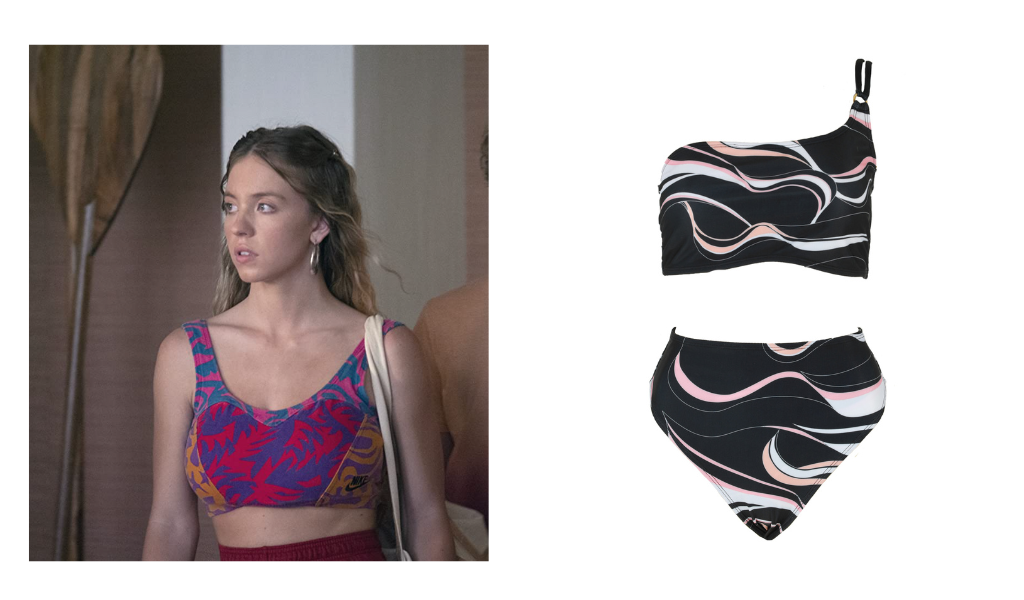 Sydney Sweeney's character in White Lotus- Olivia- would love our one shoulder bandeau bikini top Annie and it's matching high waist bikini bottoms in our signature Coral print