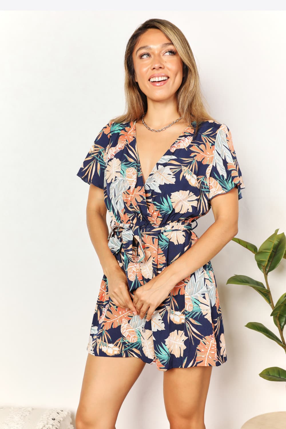 Botanical Print Surplice Neck Tie Waist Romper