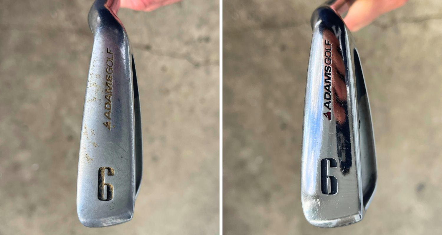 before and after polishing a golf club