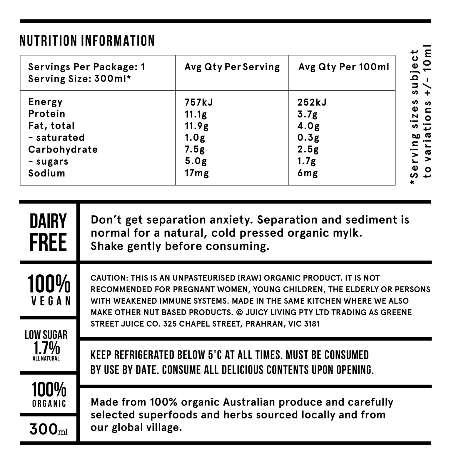 Choc Maca Nutritional Panel