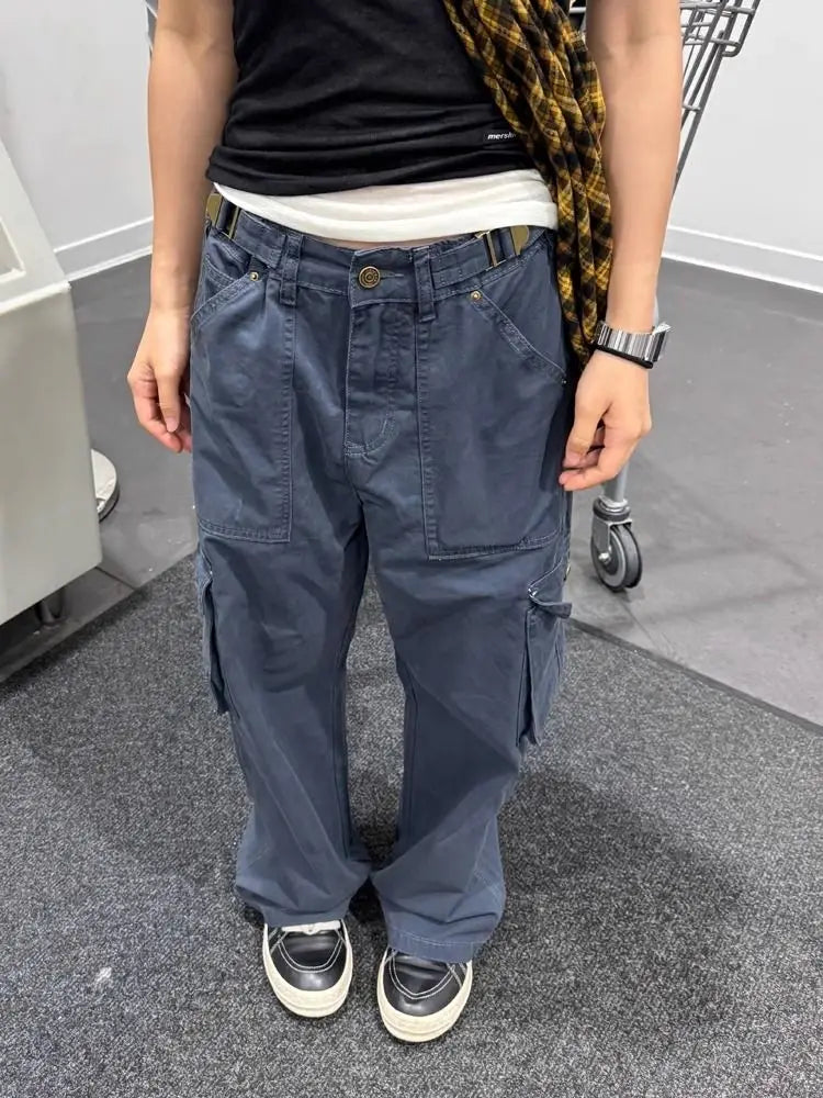 Joskaa American Retro Multi Pocket Jeans for Women Y2k High Waist Loose Wide Leg Pants 2024 Early Autumn New Straight Trousers