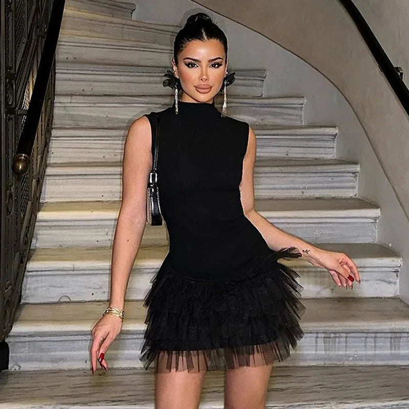 Back To School Joskaa hoco dresses Mesh Splice Mini Vest Dress For Women Slim Fit Sexy Hip Wrap Sleeveless Summer Female Club Party Bodycon Dresses Fashion