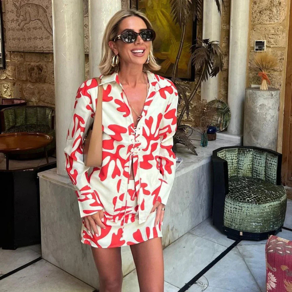 Joskaa hoco dresses Fashion Print Skirt Set Women Elegant Lace-up Shirt and Mini Skirt Outfits Summer Long Sleeve Holiday Beach Two Piece Set 2024