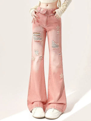 Back To School Joskaa Y2k Pink Star Jeans Women Ripped Low Waist Boot Cut Female Korean Fashion American Retro Denim Pants Slouchy Trouser Alt - Joskaa