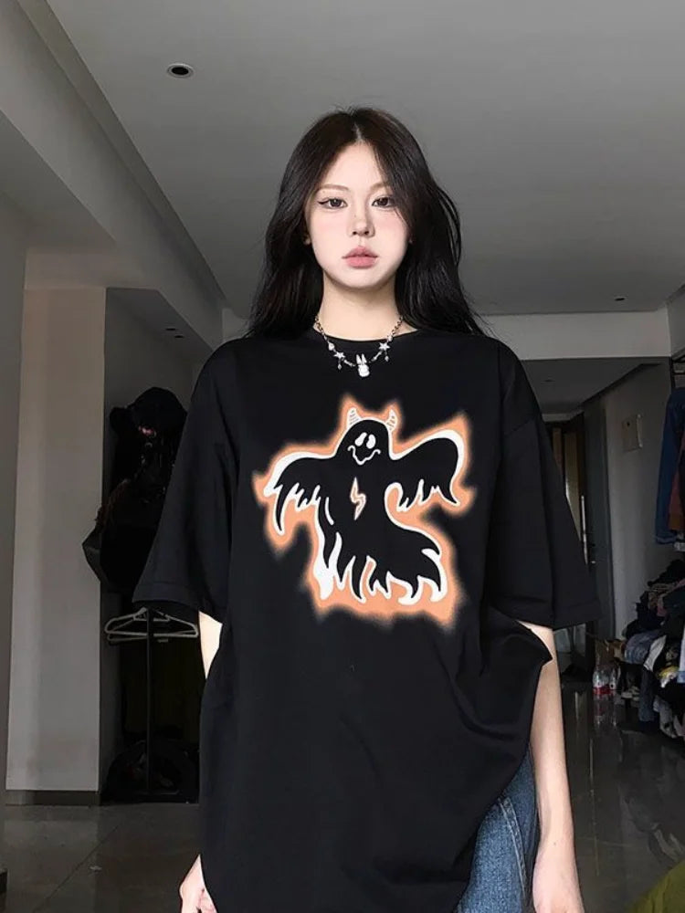 Back To School Joskaa Gothic Oversized T Shirt Women Halloween Devil Graphic Print Tee Streetwear Harajuku Emo Female Top Goth Paired Clothes