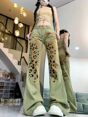 Joskaa American Retro Washed Leopard Print Denim Pants Y2k E-Girl High Waist Straight Trousers 2024 Sumemr New Bell Bottom Jeans - Joskaa