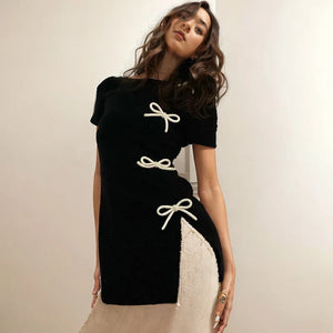 Back To School Joskaa hoco dresses Bow Side Slit Mini Dress Women Sexy Hip Wrap Slim Short Sleeve Femme Retro High Street Slim Y2K Club Party Evening Dress - Joskaa