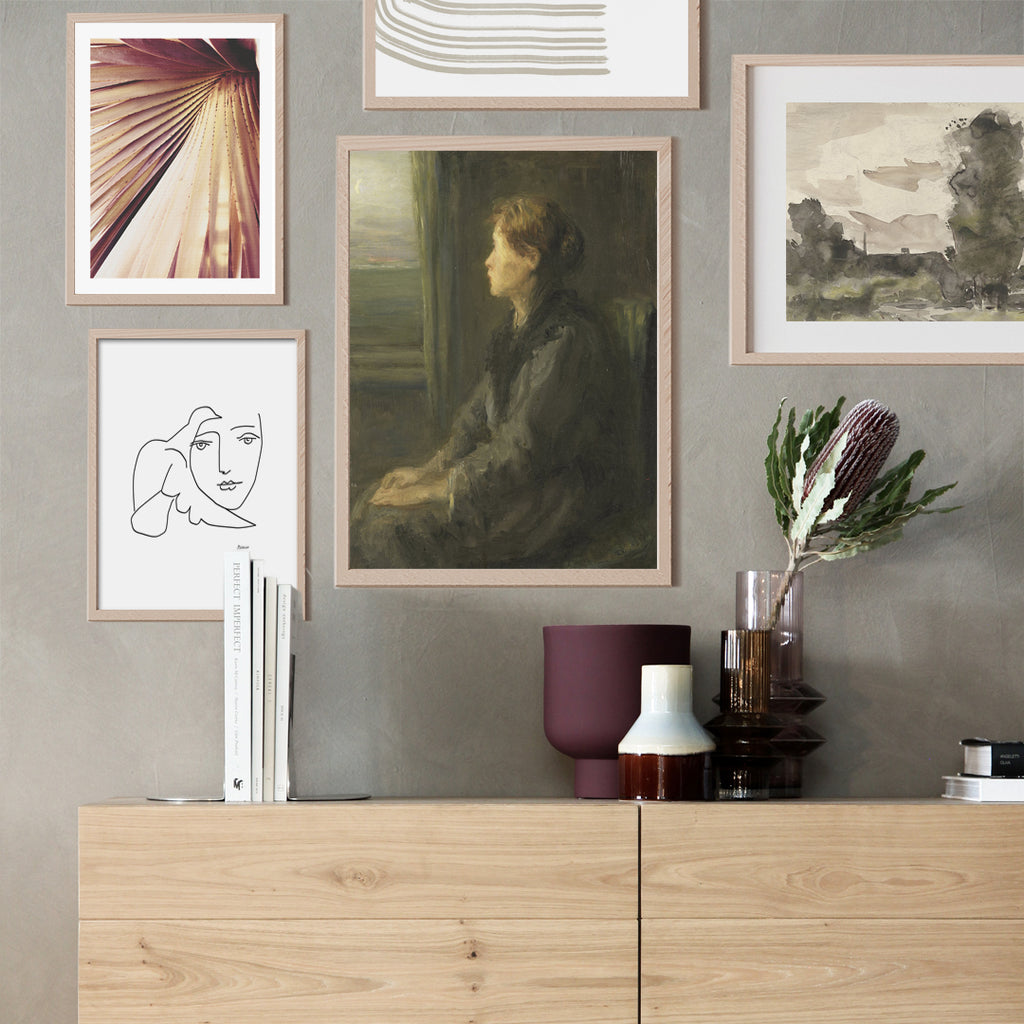 grey wall, gallery art prints, vase, wooden shelf, mid century modern